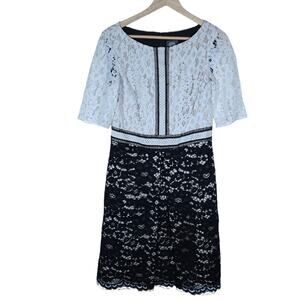 Vince Camuto Womens Dress 6 Black White Floral Lace Half Sleeve Boat Neck Mini